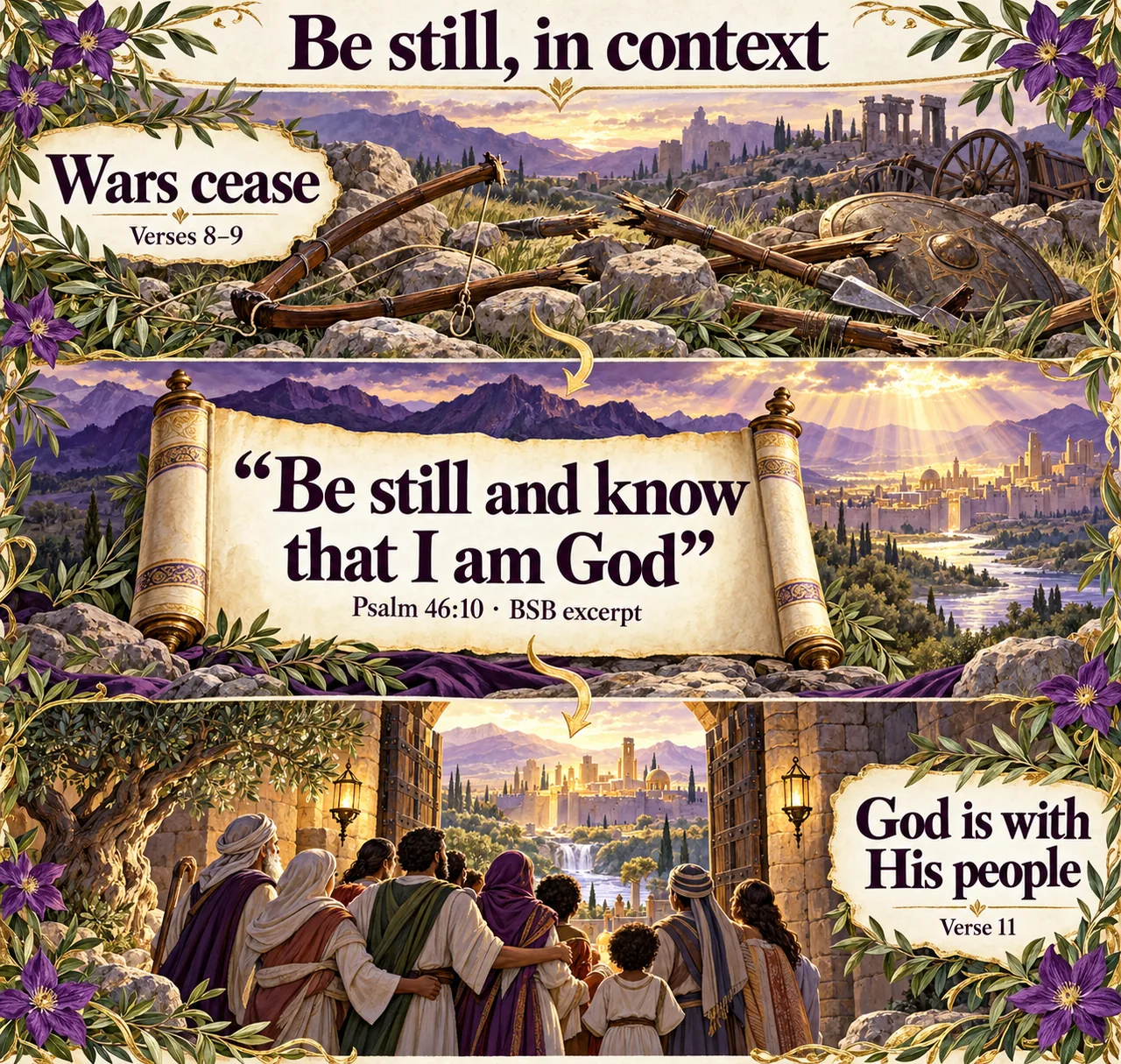 Broken weapons in verses 8–9 lead to the Psalm 46:10 command, 'Be still and know that I am God,' then to the people’s confession that God is with them in verse 11.