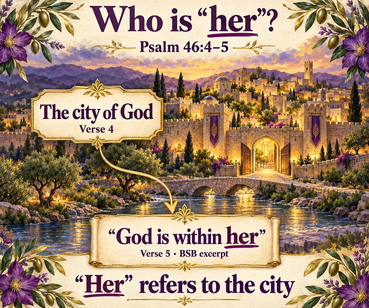 An illustrated city and river connect 'the city of God' in Psalm 46:4 to 'God is within her' in verse 5, showing that 'her' refers to the city.