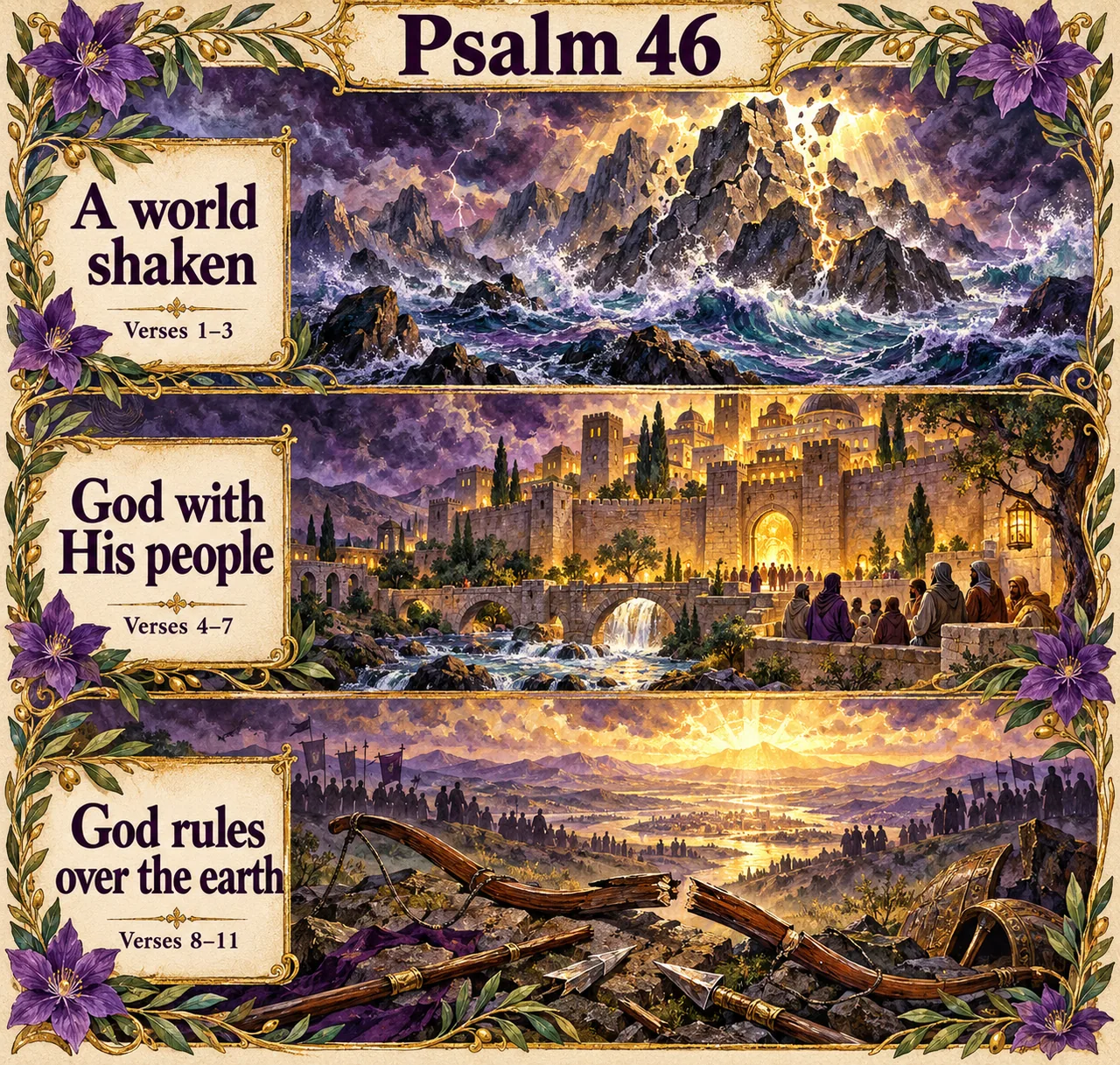 Three illustrated scenes trace Psalm 46: a storm-shaken world, God with His people in the city, and His rule over the earth amid broken weapons.