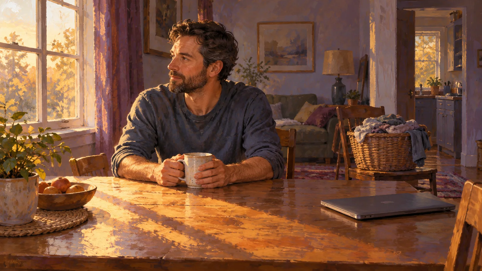 A man pauses with a mug at a dining table while a closed laptop and a basket of unfolded laundry wait nearby.