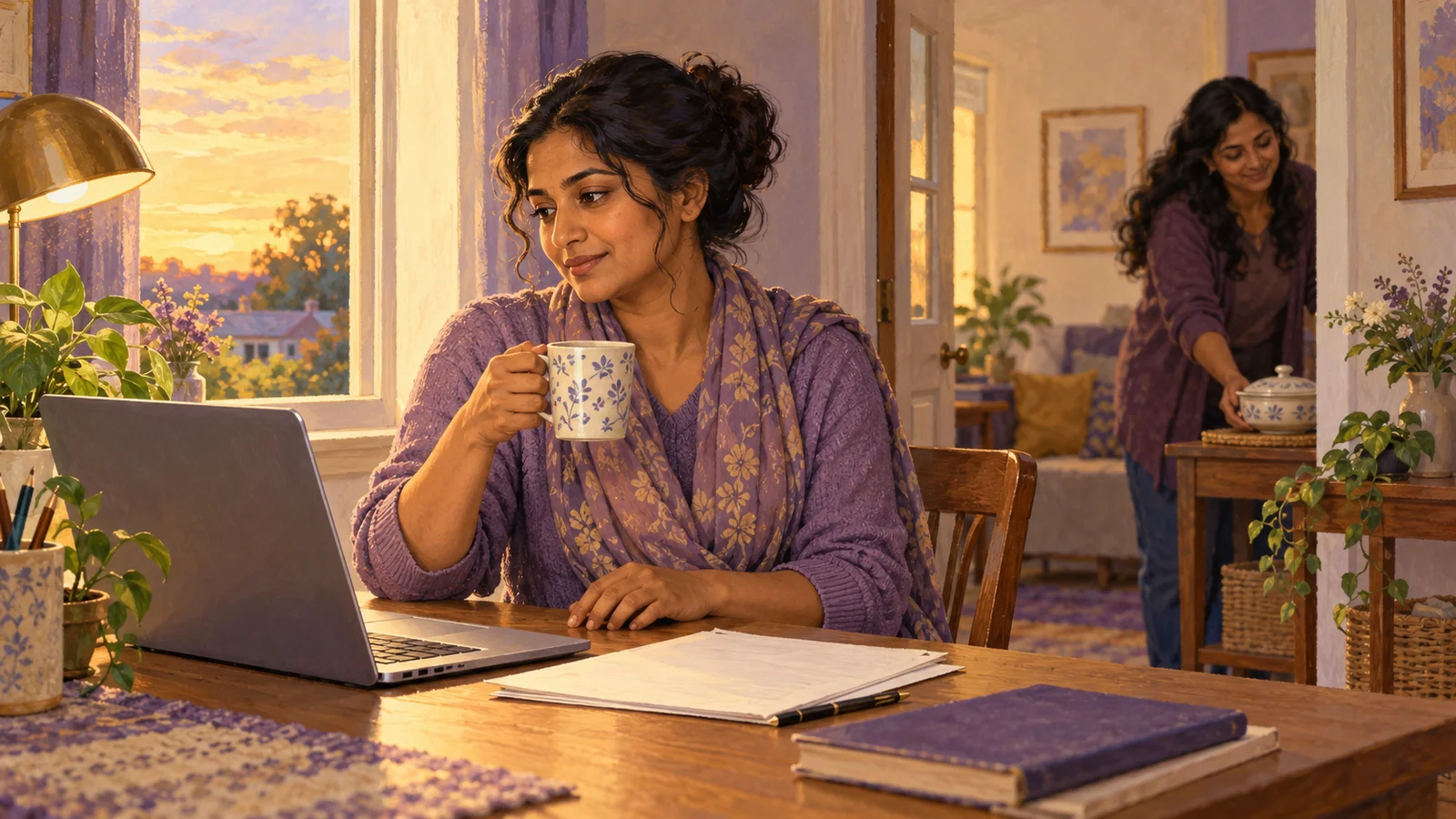 A woman sits at a laptop holding a mug while another woman sets down a covered dish in the next room.