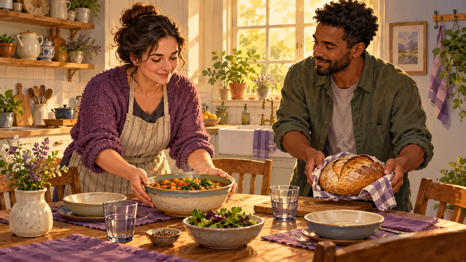 Two adults prepare a simple meal together, one setting down a bowl while the other brings bread.