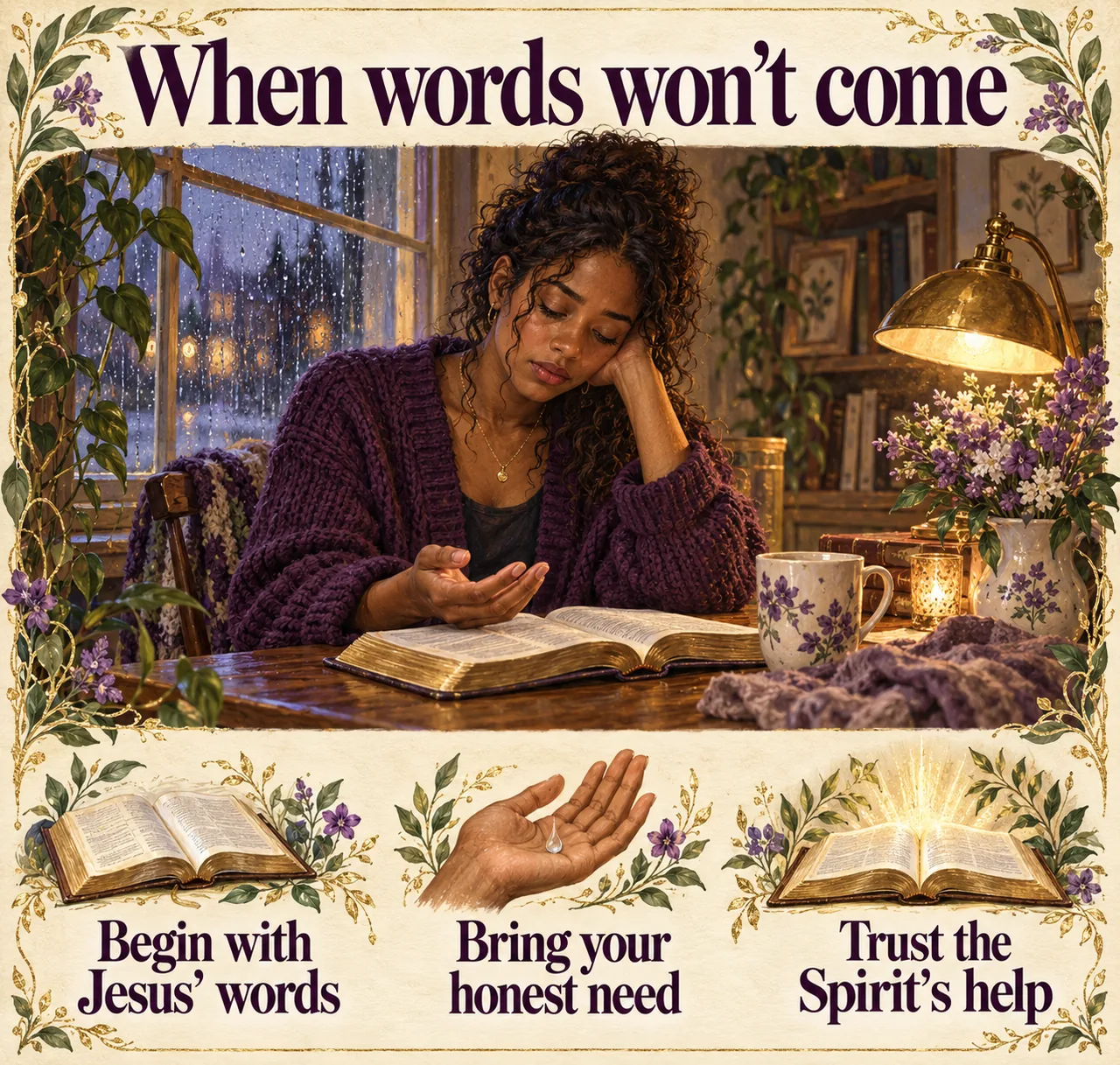 A weary woman pauses over an open Bible. Three prayer reminders: begin with Jesus’ words, bring your honest need, and trust the Spirit’s help.