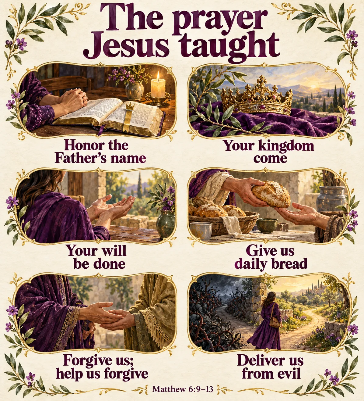 Six illustrated requests in the Lord’s Prayer: honor the Father’s name, His kingdom and will, daily bread, forgiveness as we forgive, and deliverance from evil.