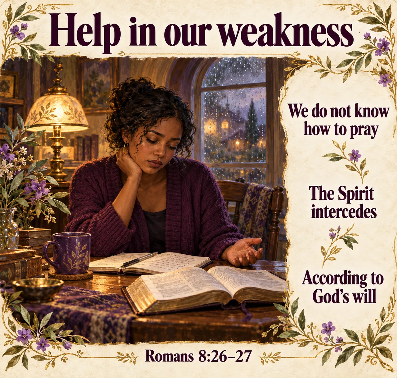 A woman sits quietly with an open Bible and journal. Romans 8:26–27 reassures believers: when we do not know how to pray, the Spirit intercedes according to God’s will.