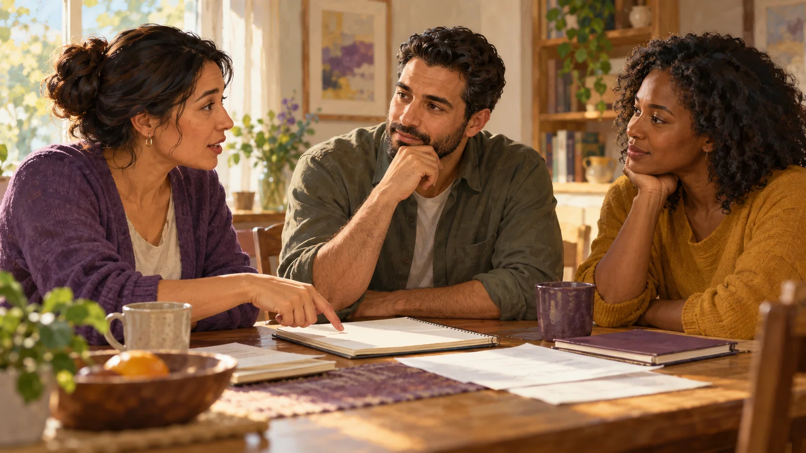 An adult listens to two friends while considering papers and a notebook around a table.