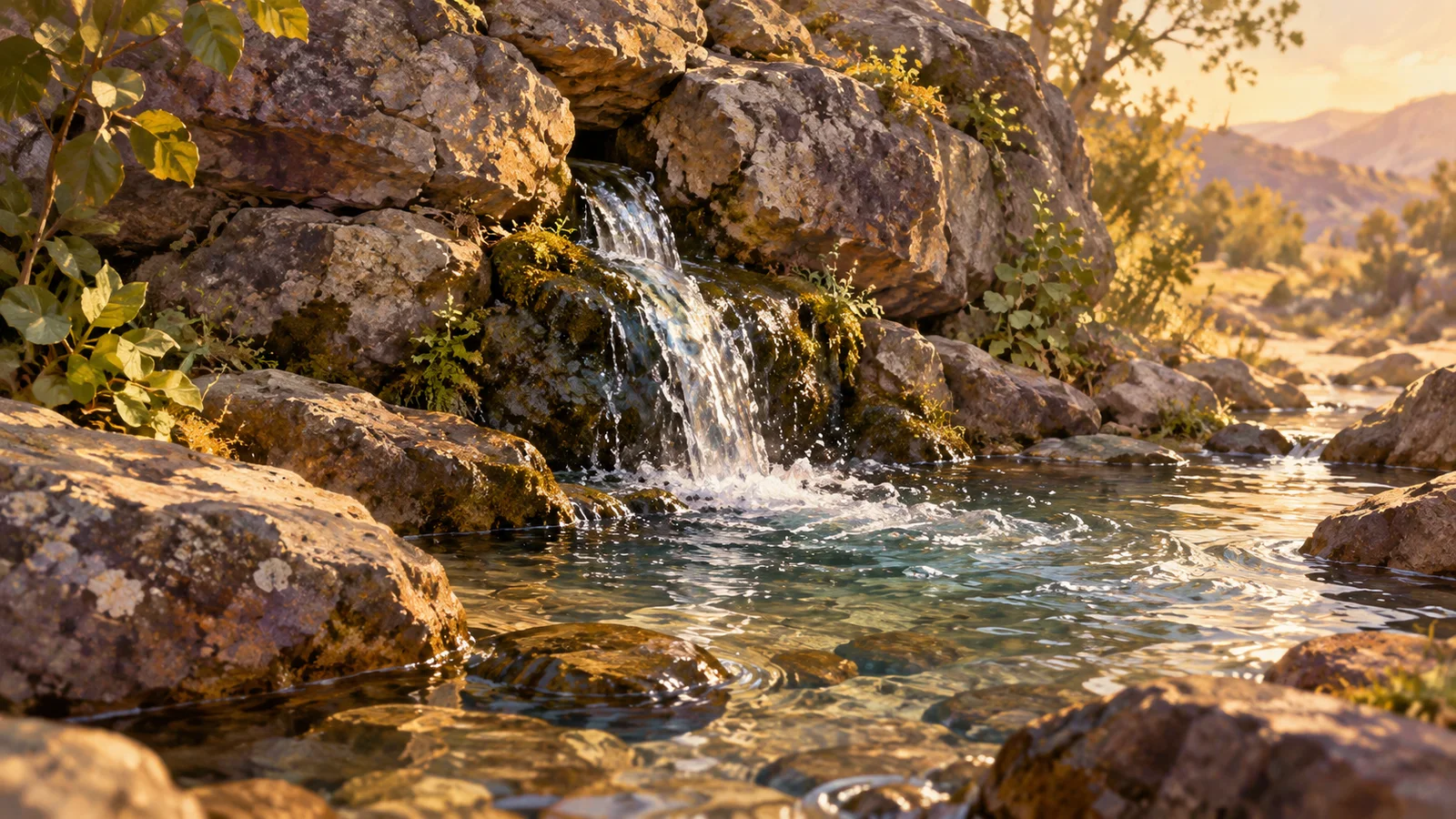 Clear water flows from a single opening in a rock into a shallow stream.
