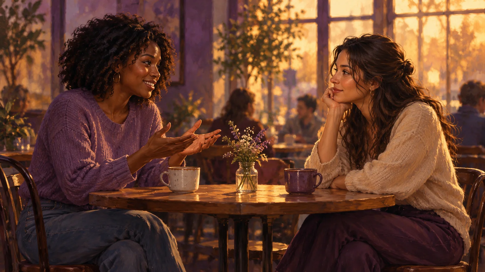 Two friends talk across a café table, one smiling as the other listens thoughtfully.