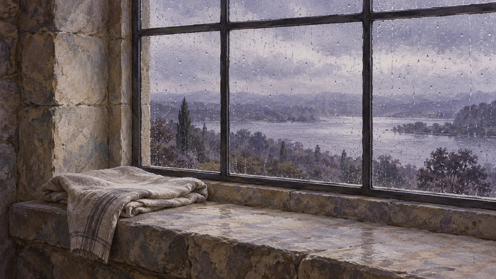 A folded cloth rests on an empty stone window seat beside rain-streaked glass overlooking a grey-purple landscape.