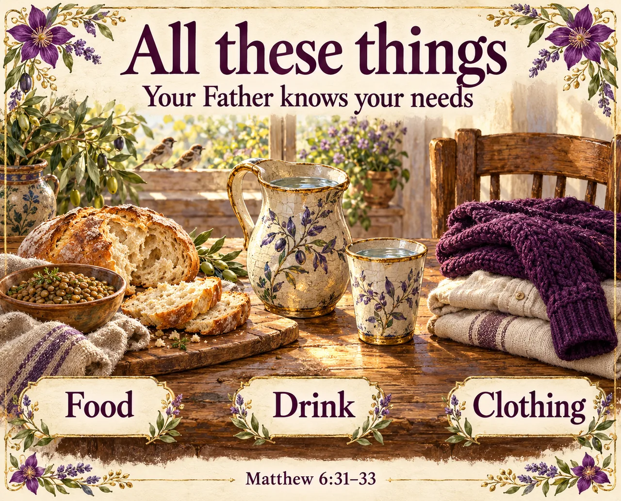 Bread and lentils, a pitcher and cup of water, and folded garments illustrate the food, drink and clothing named in Matthew 6:31–33.