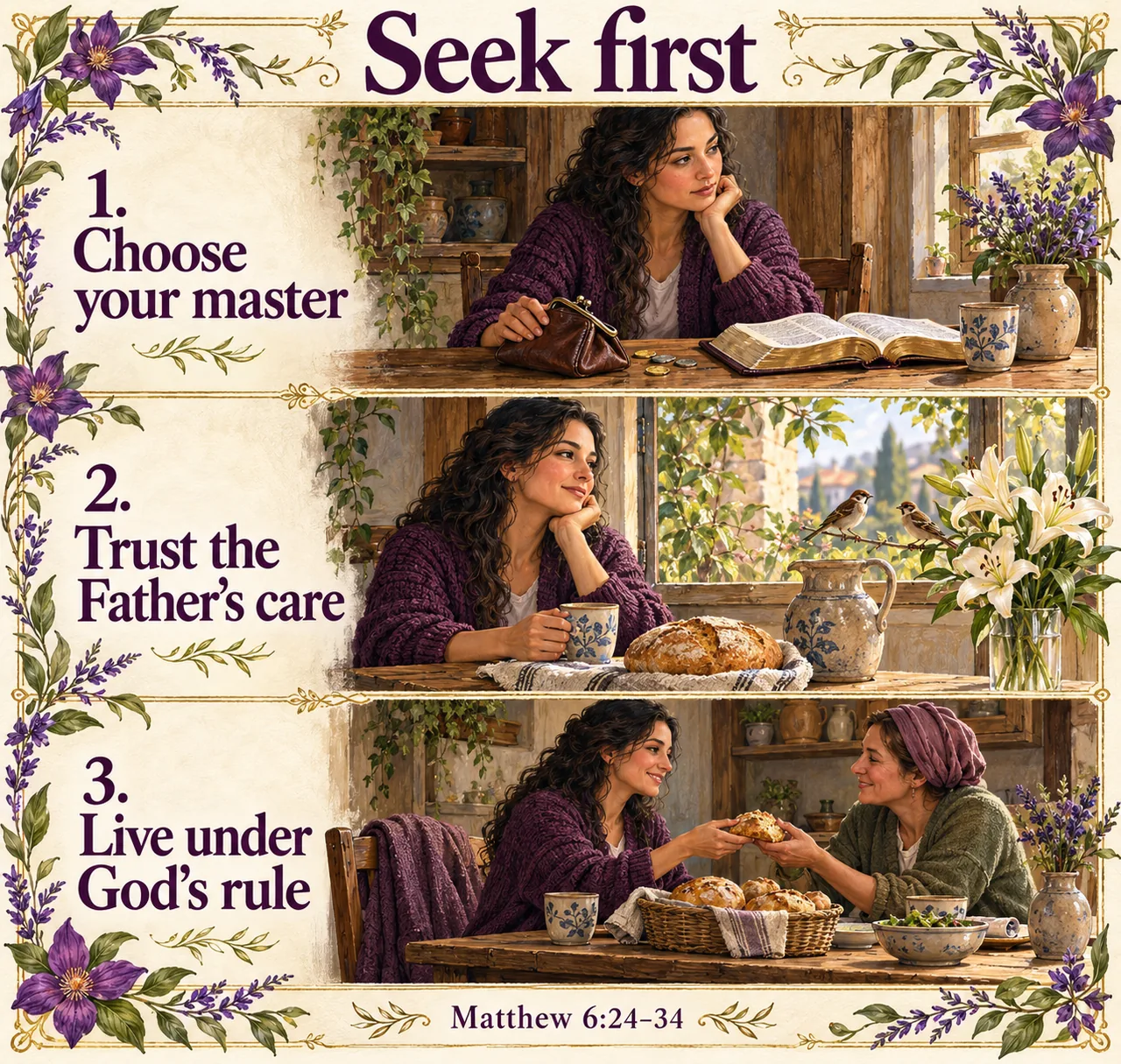 Three illustrated scenes trace Matthew 6: choose whom to serve, trust the Father’s care for daily needs, and live under God’s rule through everyday faithfulness.