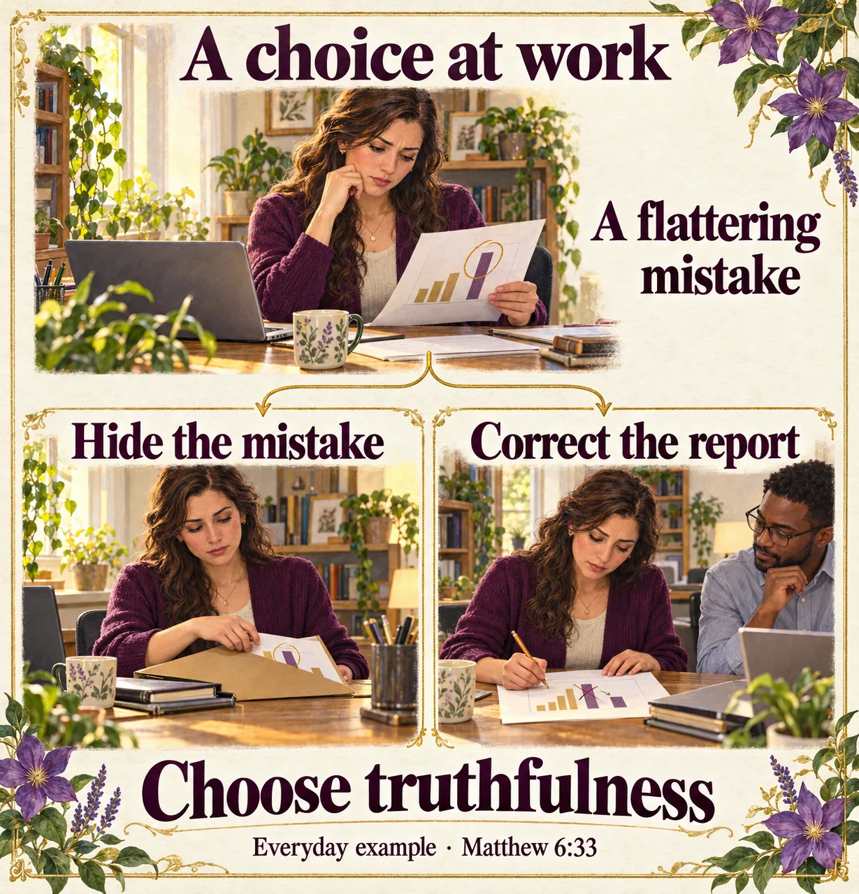 A hypothetical work-report error branches into two choices: hide a flattering mistake or correct the report truthfully, illustrating an everyday application of Matthew 6:33.