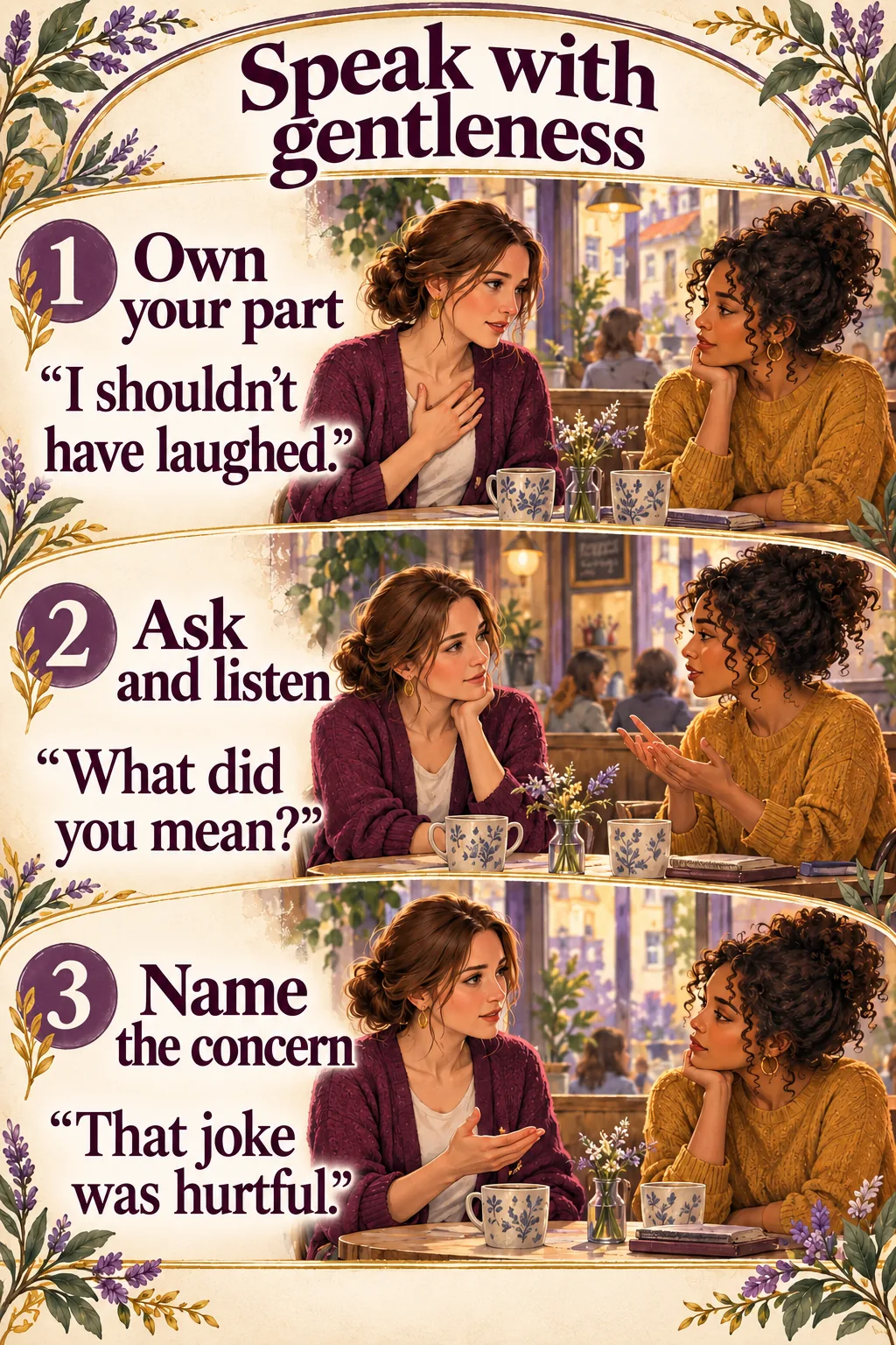 An illustrative conversation about an unkind joke: own your part, ask what your friend meant and listen, then gently name the concern.