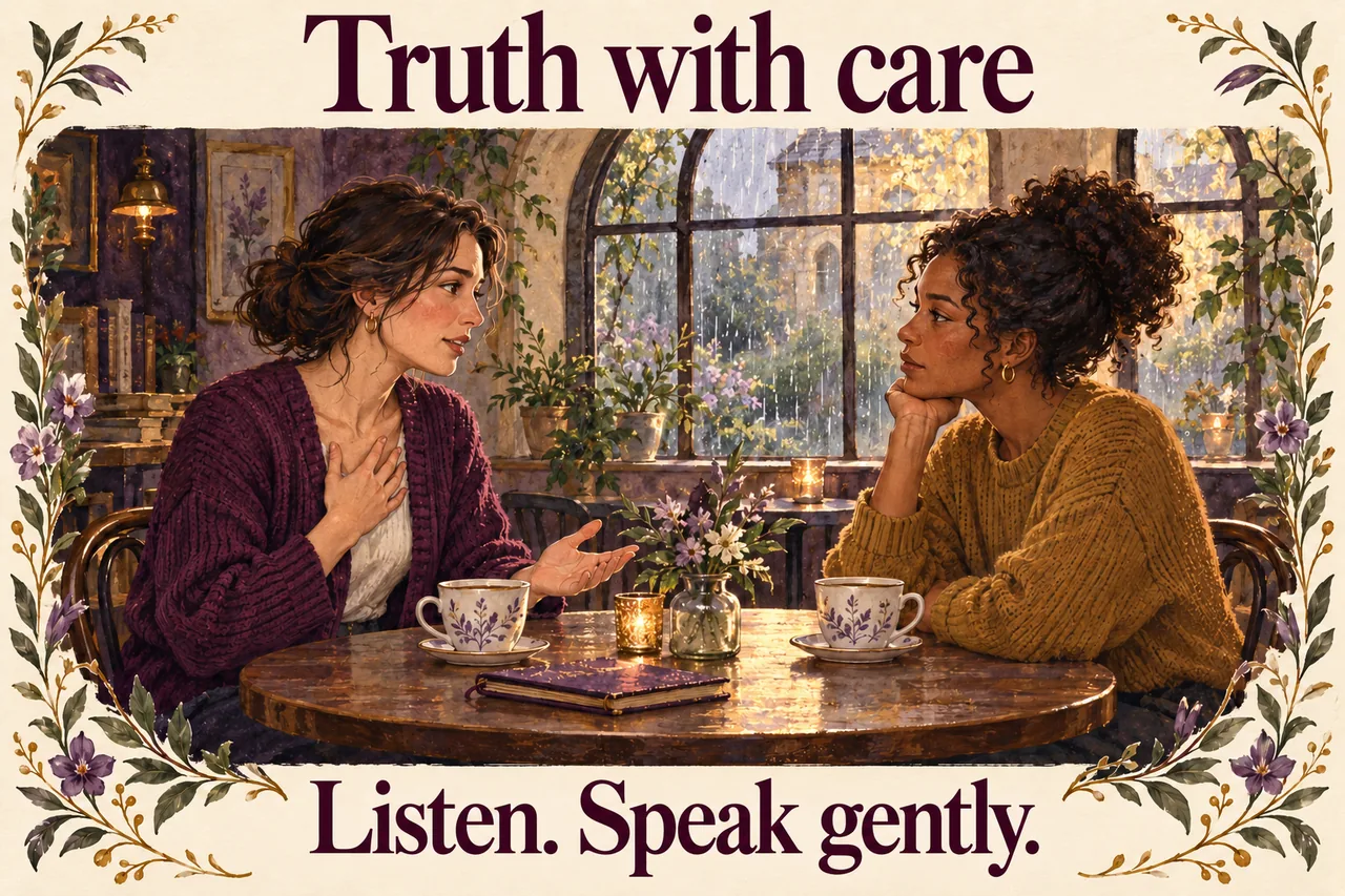 Two friends discuss a concern with attentive, respectful body language. Truth with care: listen and speak gently.