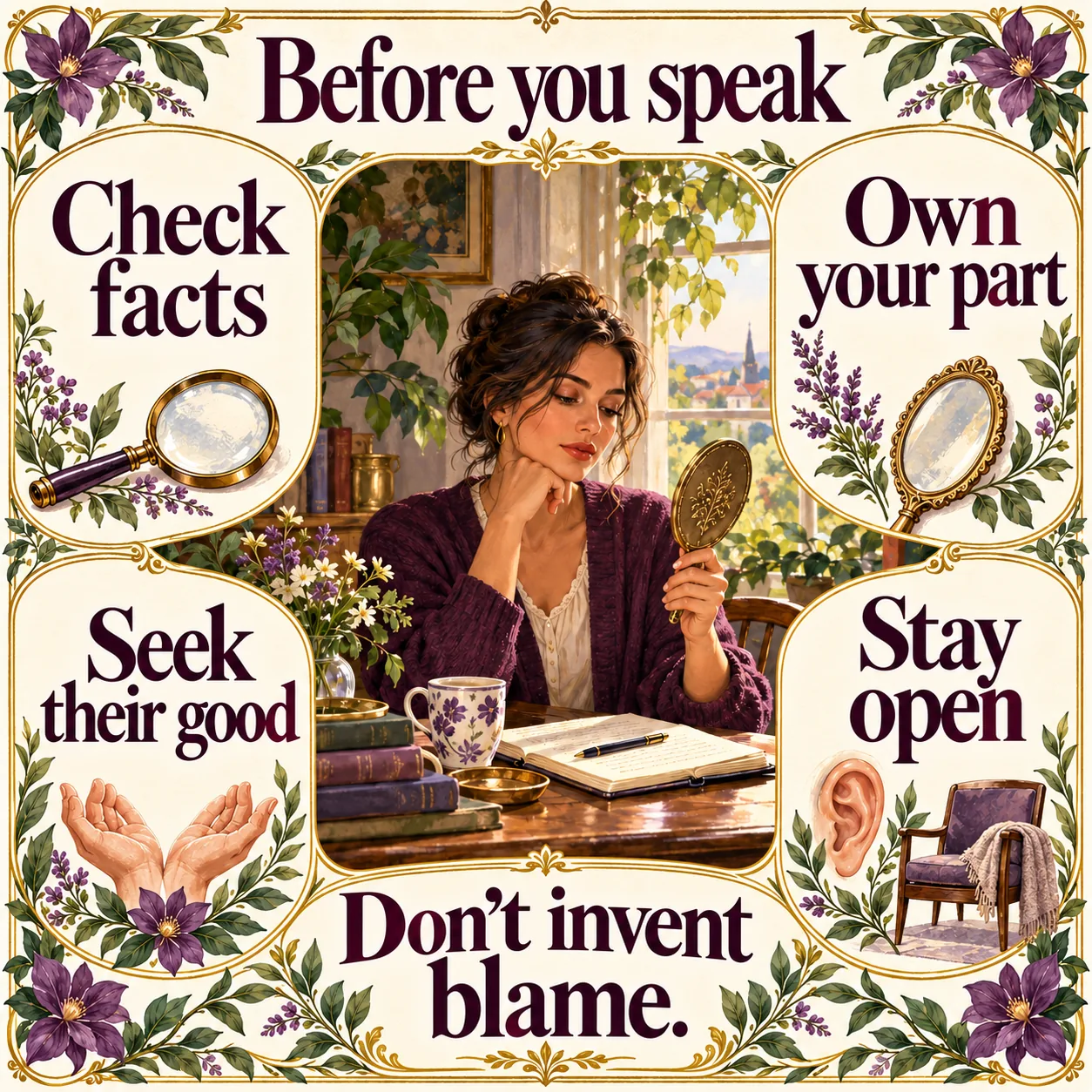 Before you speak: check facts, own your part, seek your friend's good, and stay open to correction. Do not invent blame.