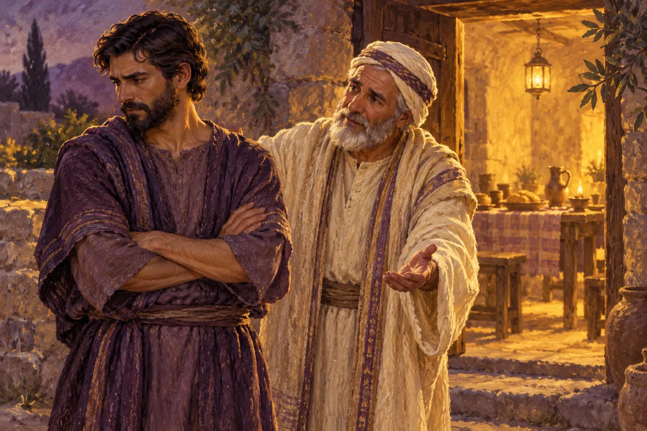 An older father stands outside an open doorway, inviting his adult son toward the warm meal inside; the son stands with folded arms.