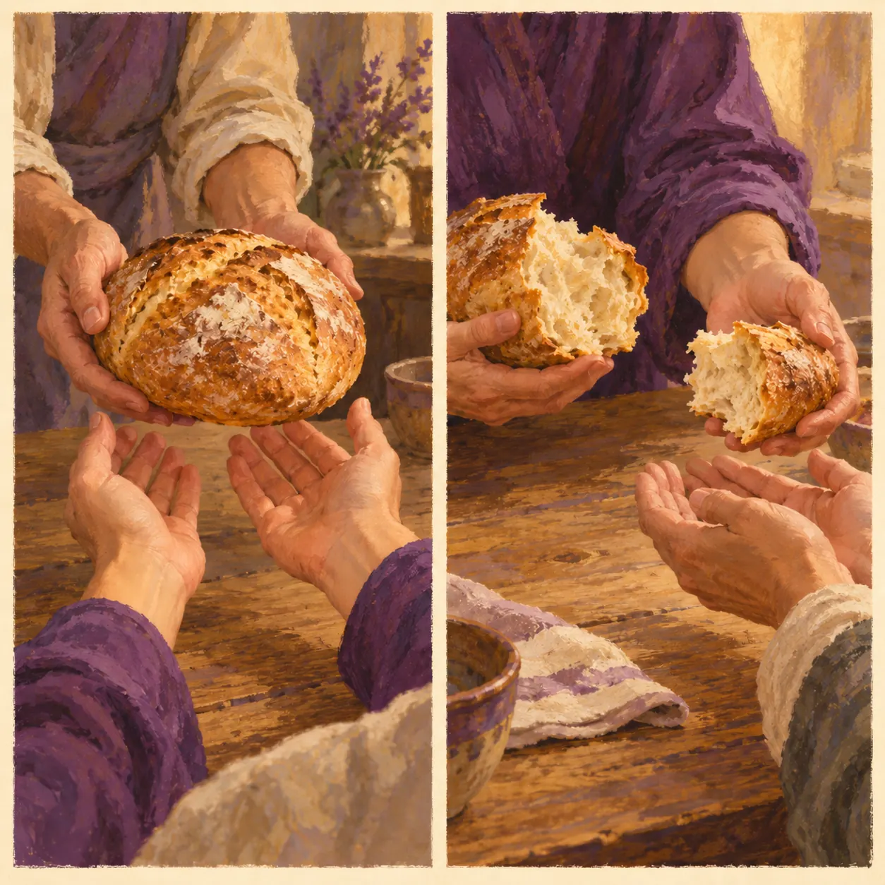 Two painted panels show purple-sleeved hands first receiving a loaf of bread, then sharing part of it with another person.