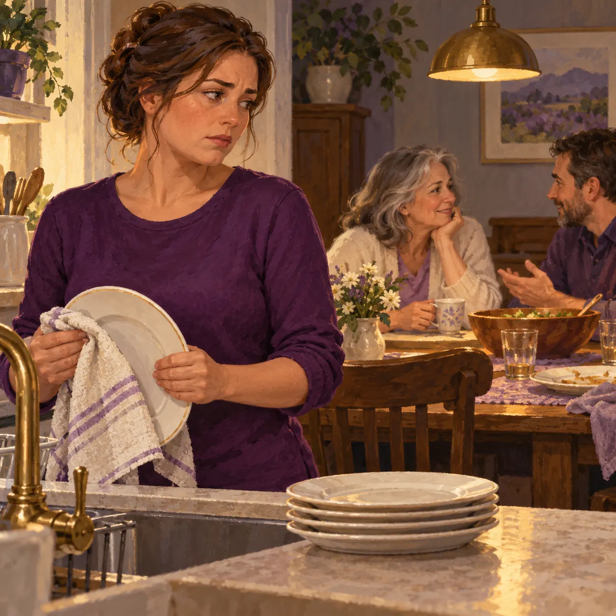 At a family meal, a woman dries dishes while looking toward two relatives talking at the table; the imagined scene invites reflection on service and unspoken expectations.