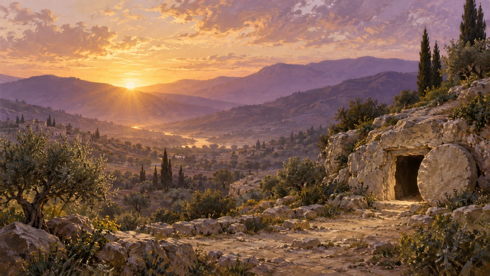 Golden dawn lights purple hills near an empty rock-cut tomb.