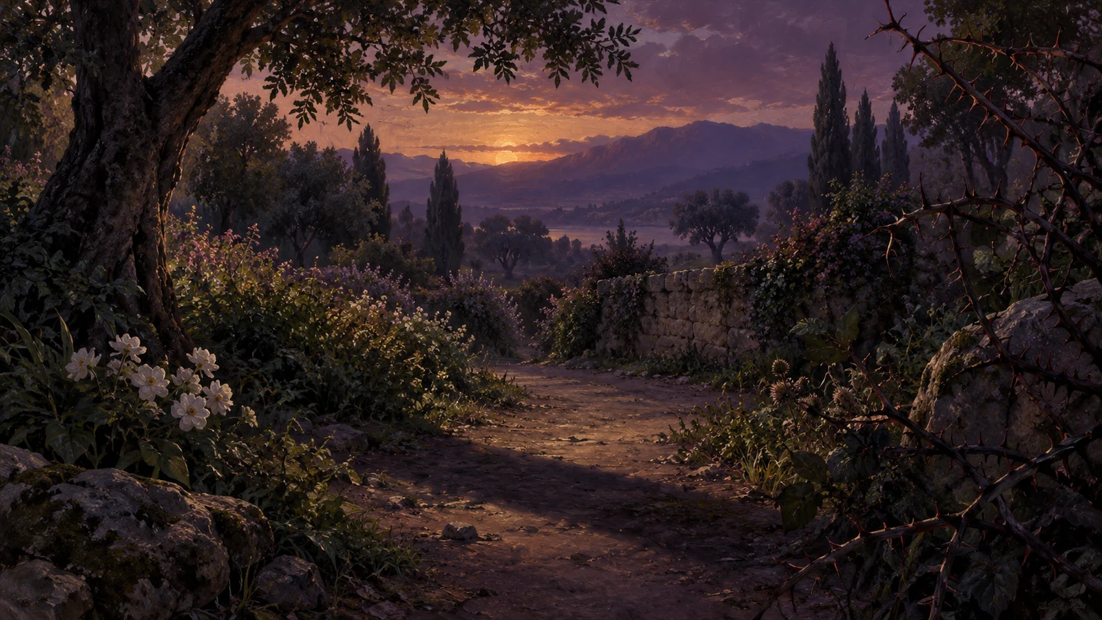 A twilight garden crossed by shadow, with thorns at its edges.