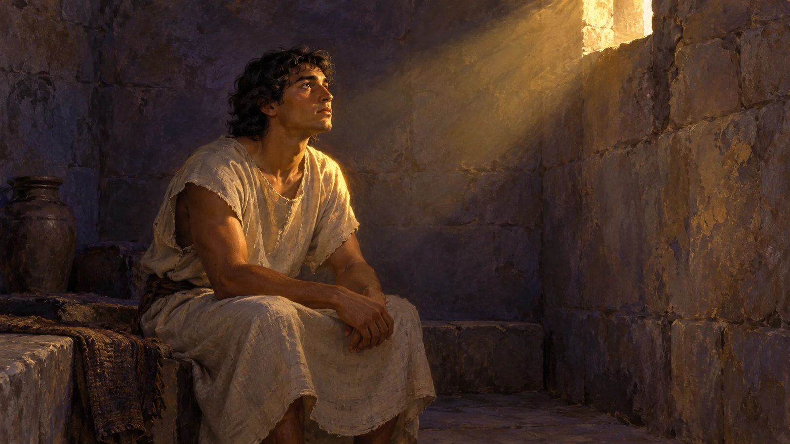 An ancient Near Eastern man sits in a stone room as warm light reaches his face.