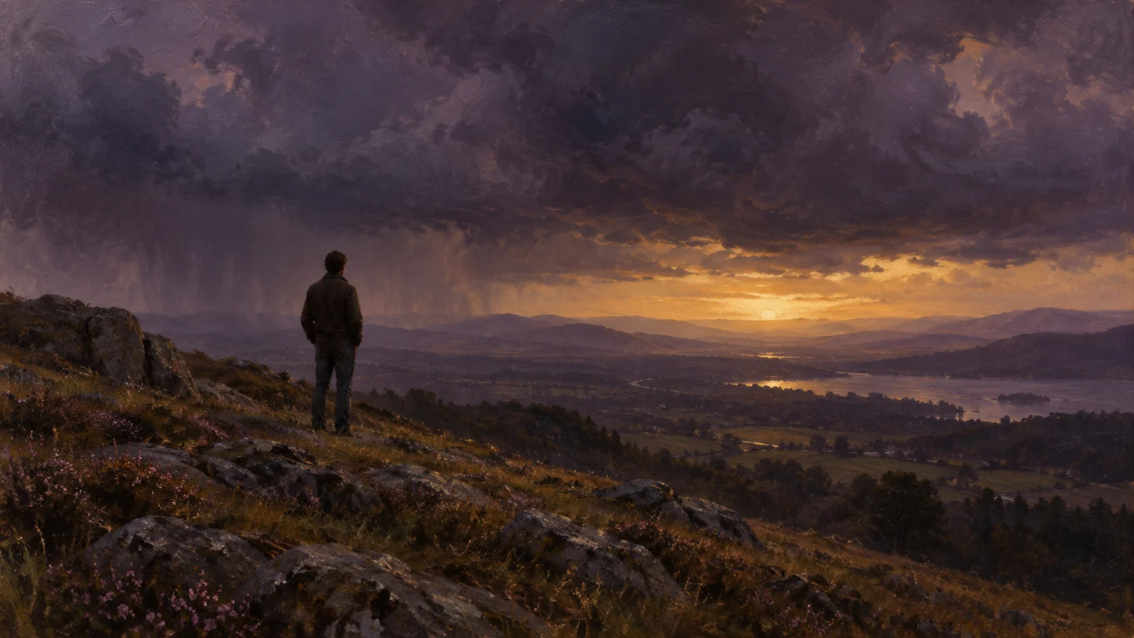 A lone figure stands beneath storm clouds as gold light breaks along the horizon.