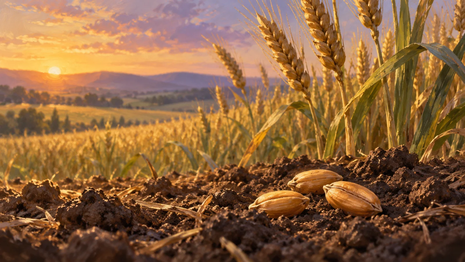 Wheat grains rest on dark soil beside golden wheat stalks in a field at dawn.