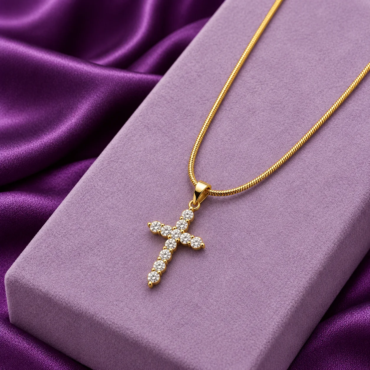Classic Round Stone Cross Necklace, angled flatlay on stand.