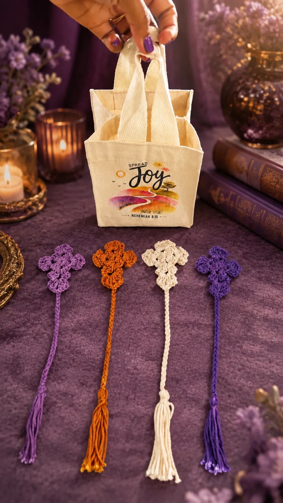 Four handmade crochet cross bookmarks in lavender, mustard, cream, and purple, with a Spread Joy mini tote behind them.