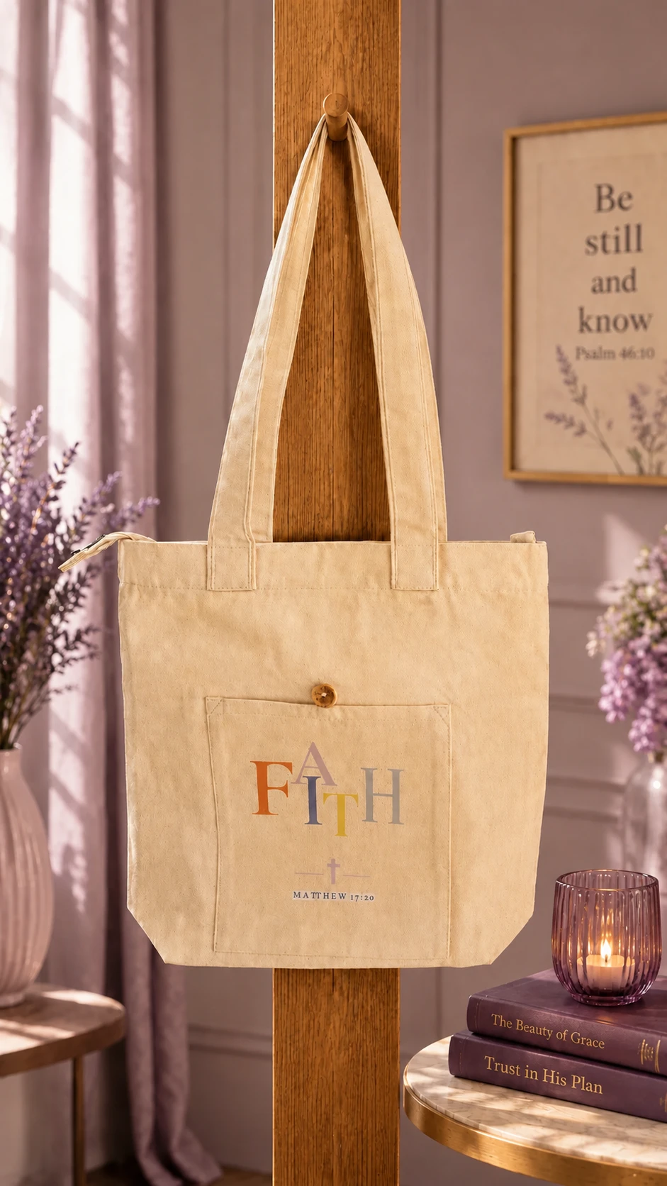 Cream Faith Premium Tote hanging on a wooden peg, front pocket printed with FAITH and Matthew 17:20.