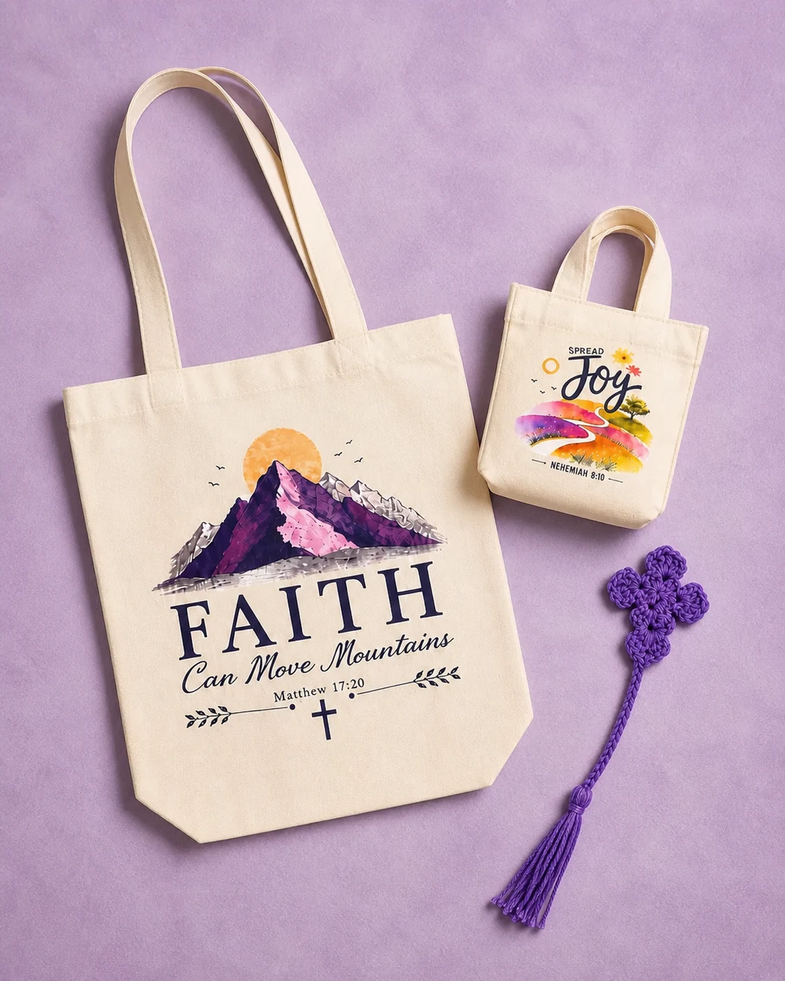 The Joy Gift Set shown together: one Faith Can Move Mountains Tote, one Spread Joy Mini Tote, and one handmade crochet cross bookmark.
