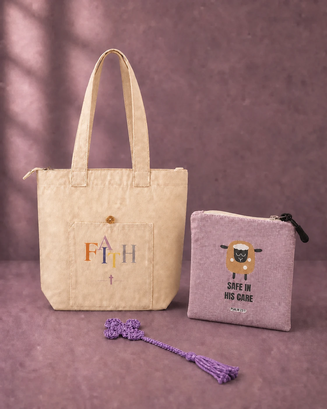 Representative Premium Gift Set combination showing one Faith Premium Tote, one dusty lilac Scripture Zip Pouch, and one handmade crochet cross bookmark.