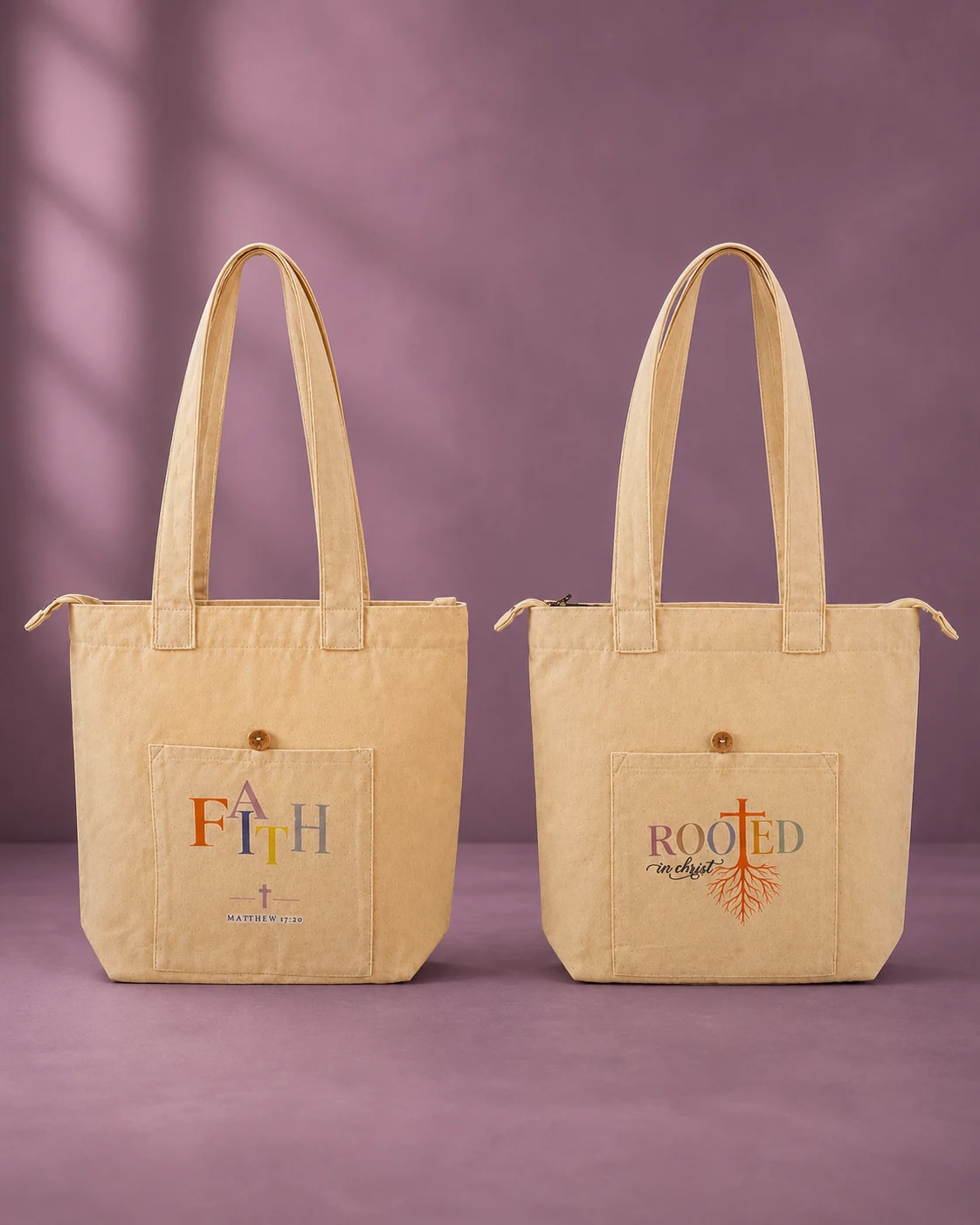 Faith Premium Tote and Rooted in Christ Premium Tote shown side by side as the two selectable tote choices in the Premium Faith Set.