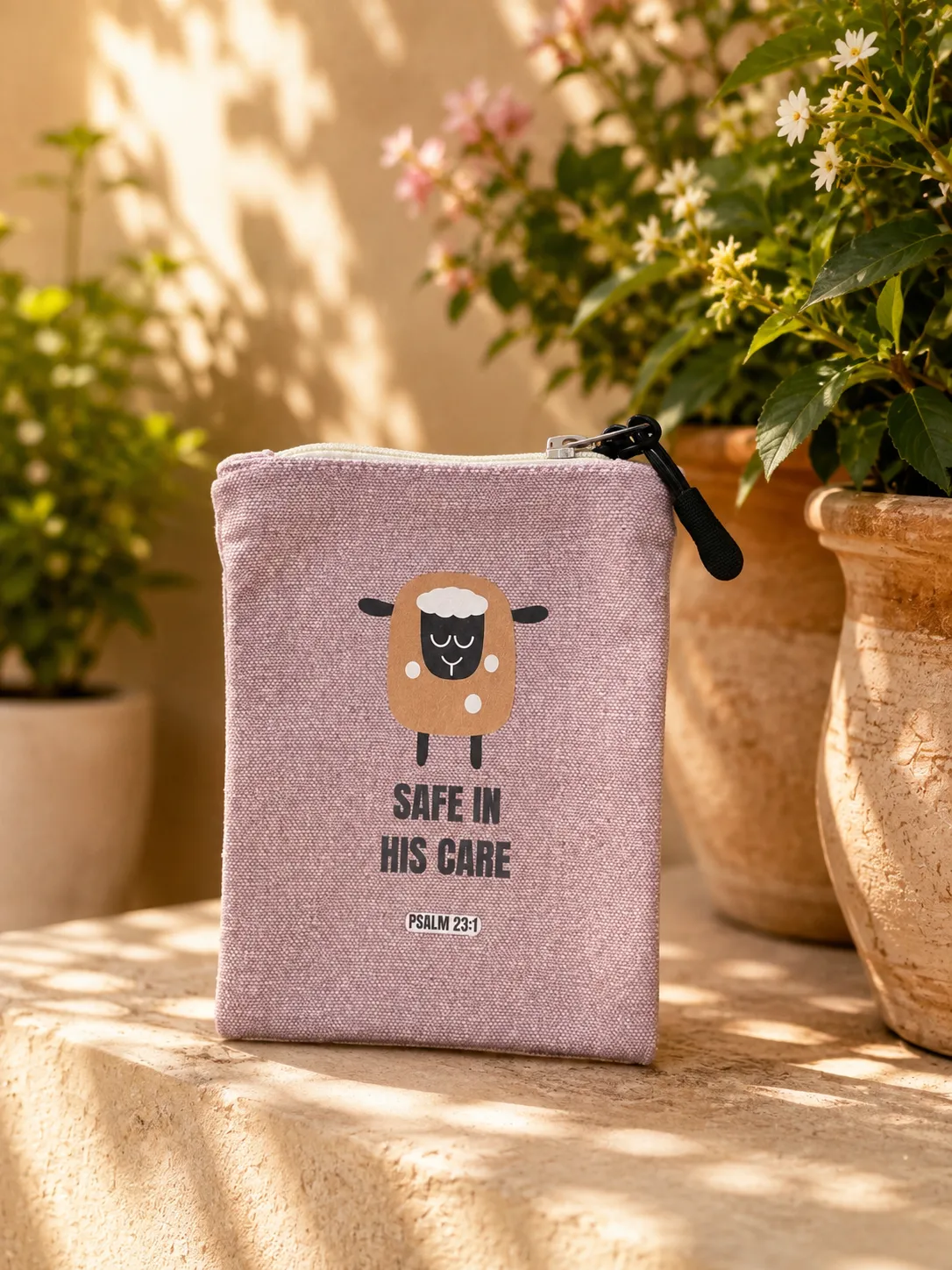Dusty lilac canvas zip pouch printed with a sleeping sheep, Safe in His Care, and Psalm 23:1.
