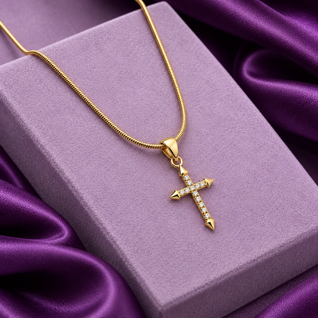 Spiked Arrow Cross Necklace, angled flatlay on stand.